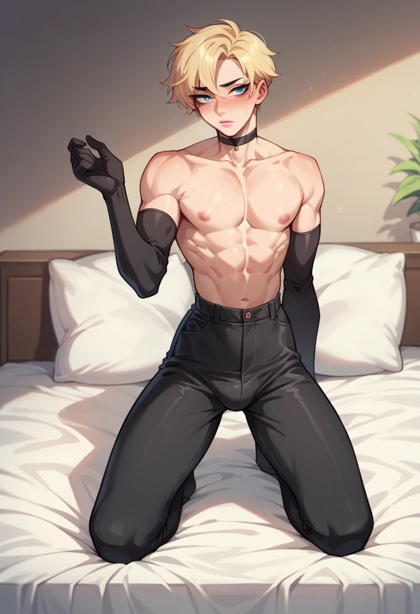 1boy, solo, black eyeliner, blonde hair, handsome, blue eyes, black choker, black long gloves, kneeling, black pants, bed, room, pink lipstick, femboy, blush, thin waist,
