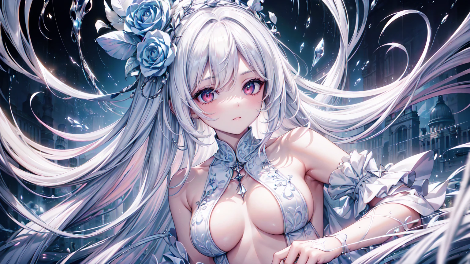 masterpiece, Highest quality, Approaching perfection, (Perfect Face:1.1), (High detail:1.1), dramatic, (1 person), Pale skin, (Long, pure white hair:1.4), White eyes, Otto Seppalalainen, alone, Long Hair, White luxury suit, Covered navel, snob, albino, Luminous Studio graphics engine, Pouting, Demonic Sorcerer, Volumetric lighting, Fine grain, (8k wallpaper masterpiece), Super detailed, Exquisitely crafted, Absolutely pixel perfect, rose, fashion, ~ side, View your viewers, Balenciaga Style