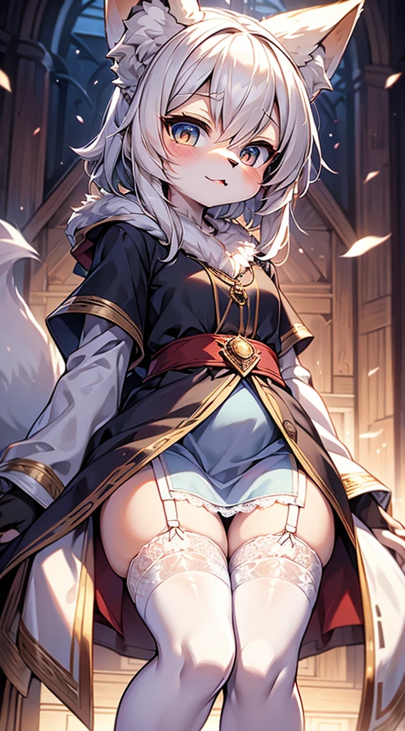 High and cold，Three No，No Expression，cold，cold，Loli，Loli，little girl，White hair，White hair，Fox ears，White hair all over the body，Anthropomorphic fox girl，White fox girl，白色丝绸Knee socks，Knee socks，Garter stockings，Short robe，Back of robe，Back of robe，Mage Robe，Lace decoration，Lace decoration的袍子和Knee socks，蕾丝Knee socks，白丝Knee socks，Close-up above the waist，Close-up above the waist，No Expression，furry，furry，fuzzy，fuzzy，furry