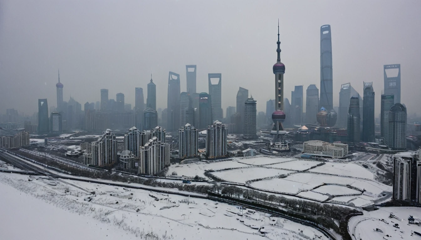 shanghai, Cityscape, architecture, Non-human, cold sky,(blizzard:1.5), Snowstorm, City, dark sky, cold,Covered in heavy snow