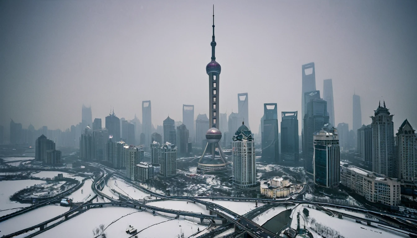 shanghai, Cityscape, architecture, Non-human, cold sky,(blizzard:1.5), Snowstorm, City, dark sky, cold，Covered in heavy snow