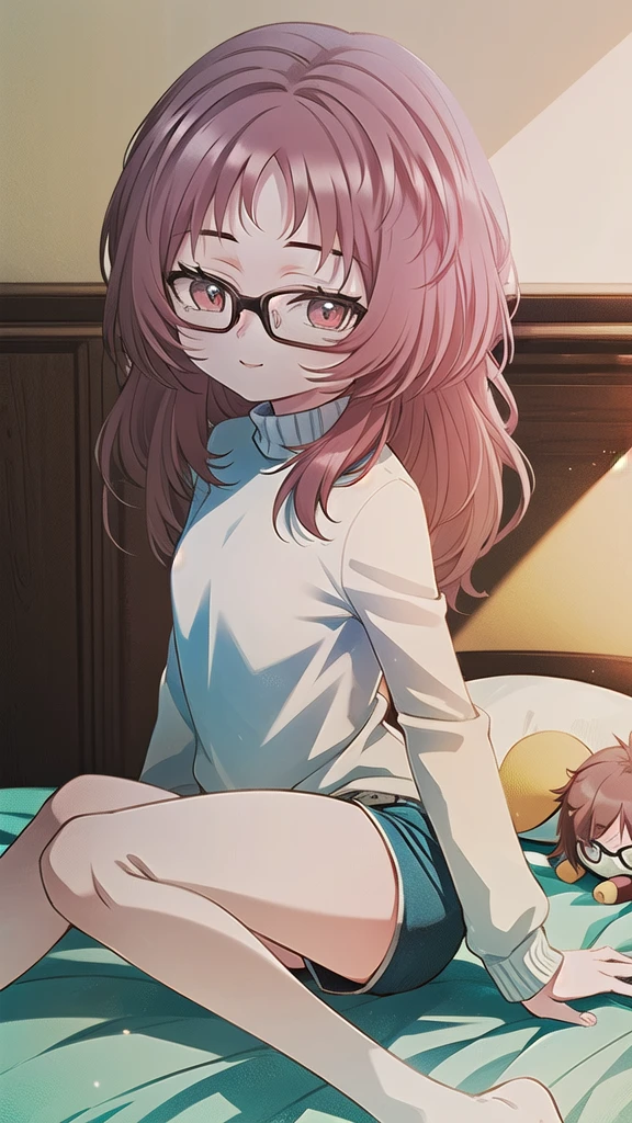 masterpiece, perfect lighting, (beautiful, best quality: 1.3), perfect eyes, perfect anatomy, absurd, 8k, 1 girl, bare legs, black stockings, blue shorts, in love, red eyes, feet, red glasses, medium hair , long hair, red hair, eyes wide open, smiling in front, small breasts, sitting, yellow turtleneck sweater, room with bed and stuffed animals