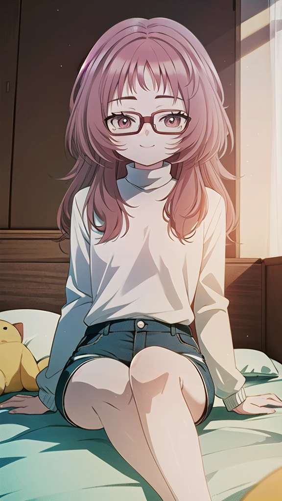 masterpiece, perfect lighting, (beautiful, best quality: 1.3), perfect eyes, perfect anatomy, absurd, 8k, 1 girl, bare legs, black stockings, blue shorts, in love, red eyes, feet, red glasses, medium hair , long hair, red hair, eyes wide open, smiling in front, small breasts, sitting, yellow turtleneck sweater, room with bed and stuffed animals