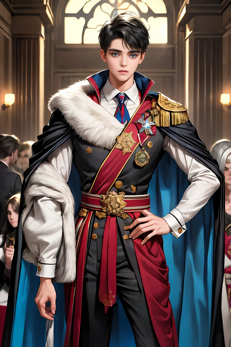 masterpiece, 最high quality, high quality, 1 boy, alone, Male focus, Watching the audience, Messy black hair, Adorable big blue eyes, White, Noble, Noble,Sexy voluminous cape、vampire、A very voluminous, large, very large, very large, long, long red and black cape with a high stand-up collar, made of a lot of fabric that reaches down to the floor., s old,Cute beautiful boys,Cute, cute, kind, handsome guy