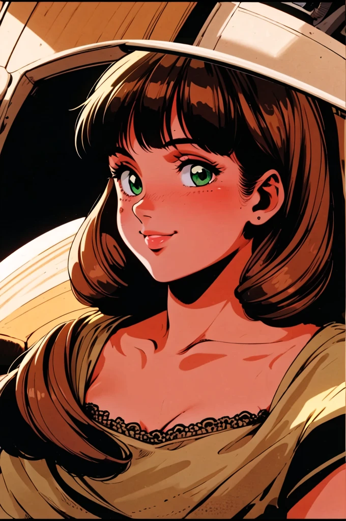 masterpiece,best quality,highres,1girl,retro,solo,animification,1990s \(style\),red ribbon,blunt bangs,green eyes,ringlets, twin drills,blonde hair.lace, large breasts,princess,{{{shaded face,seductive smile}}},