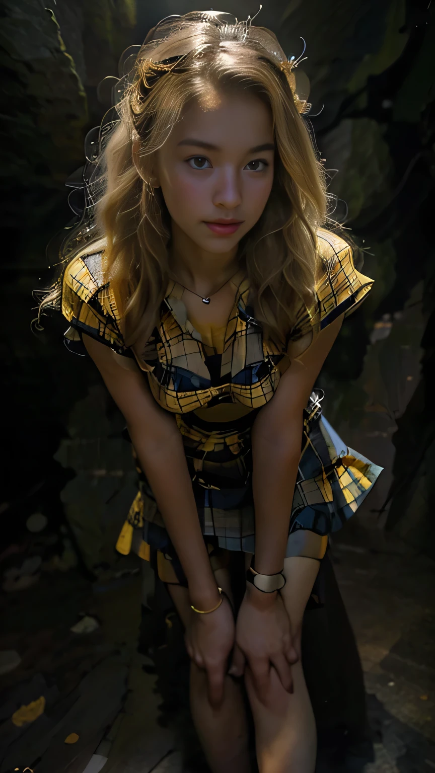 (Surreal), (picture), (High resolution), (In 8K), (Very detailed), (Best Illustration Photos), (Beautiful and fine details), (Highest quality), (Ultra-detailed), (masterpiece), (wallpaper), (Detailed face), solo, One Girl, Blonde Wavy Hair, Korean Beauty,Black Eyes, ((A loose-fitting blue and yellow checked maid outfit)), Long legs, Toned Abs, stockings、((In a dark cave))、(Pause_random)、(Upper body portrait)