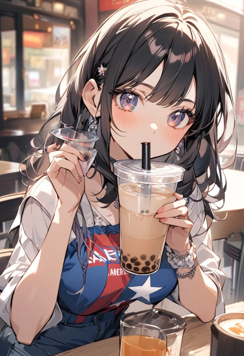 Make an image of a beautiful pretty girl drinking a cup of bubble tea, make her look American, she's pretty, shes not asian 