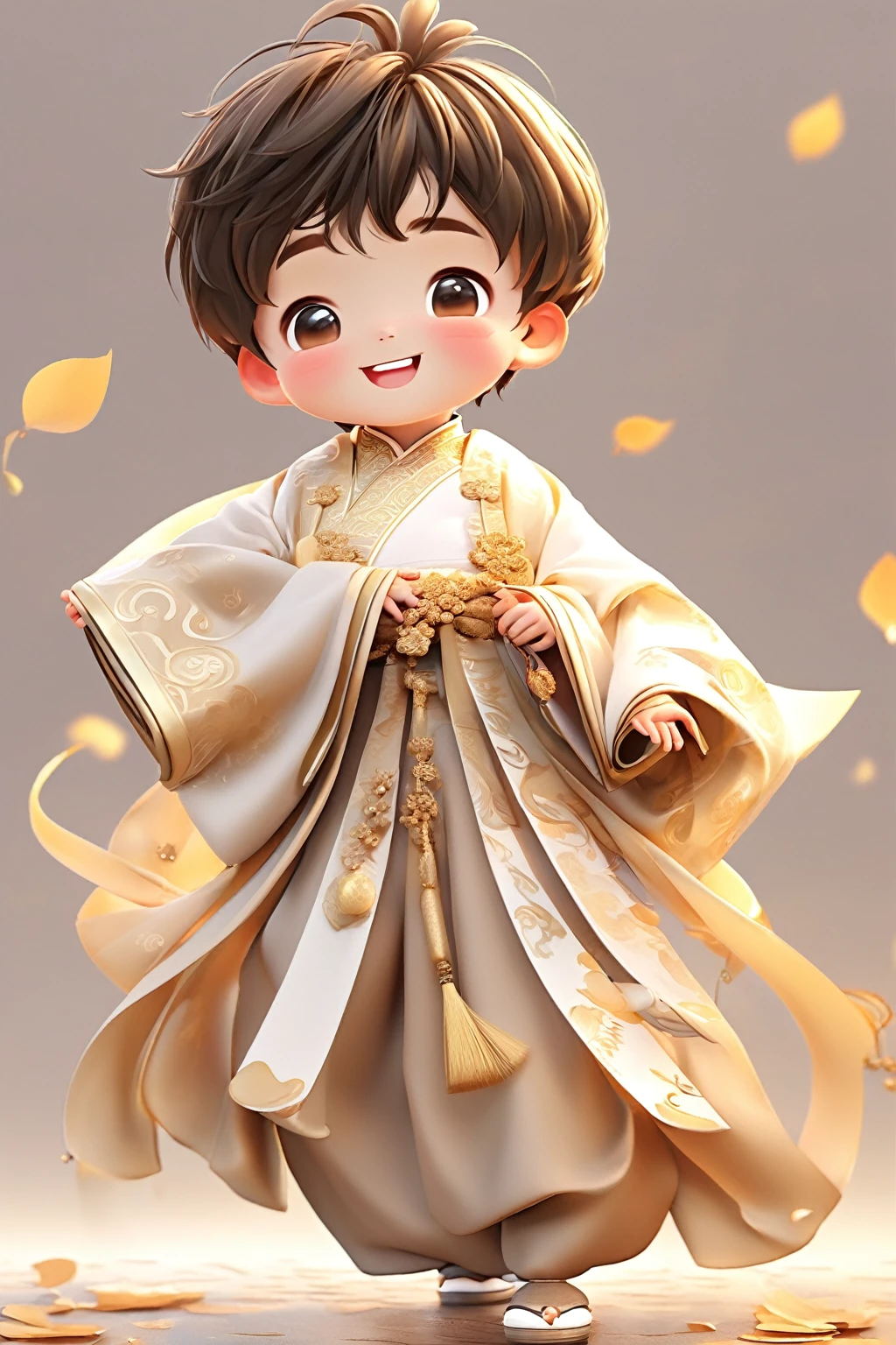  wearing light golden Hanfu，smiling, Cute numbers, Cute numbers艺术, Beautifully detailed digital art, Cute kawaii boy, Lovely characters, Cute anime boy, Sweet laugh, lifelike的可爱男孩, Beautiful character painting, Lovely characters, Fair skin，Real People，lifelike，Lovely portrait, Cute expression, Kawaii realistic portrait, Happy expression, Gentle and happy smile, smiling的男孩，