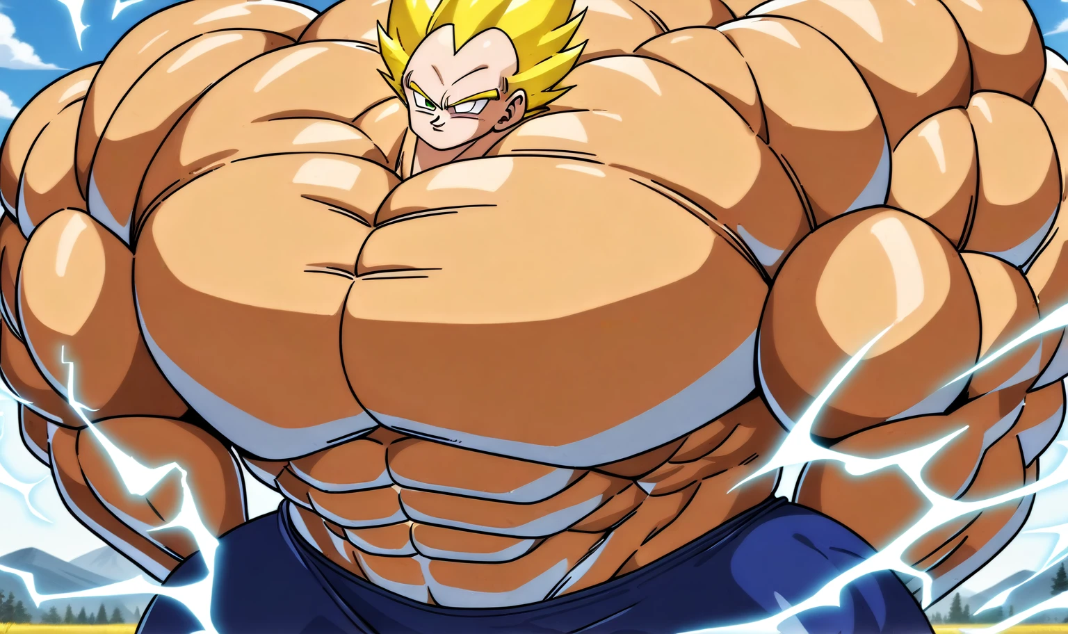 1boy, Vegeta, from Dragon Ball Z, masterpiece, best quality, very aesthetic, absurdres, saiyan, green eyes, spiked hair, (yellow hair:2), shirtless, blue skintight pants, white gloves, (huge muscles:2.5), dragonballartstyle, in the style of Akira Toriyama, outdoors, flat-top mountains, abs, yellow aura, electricity, (small head:2)