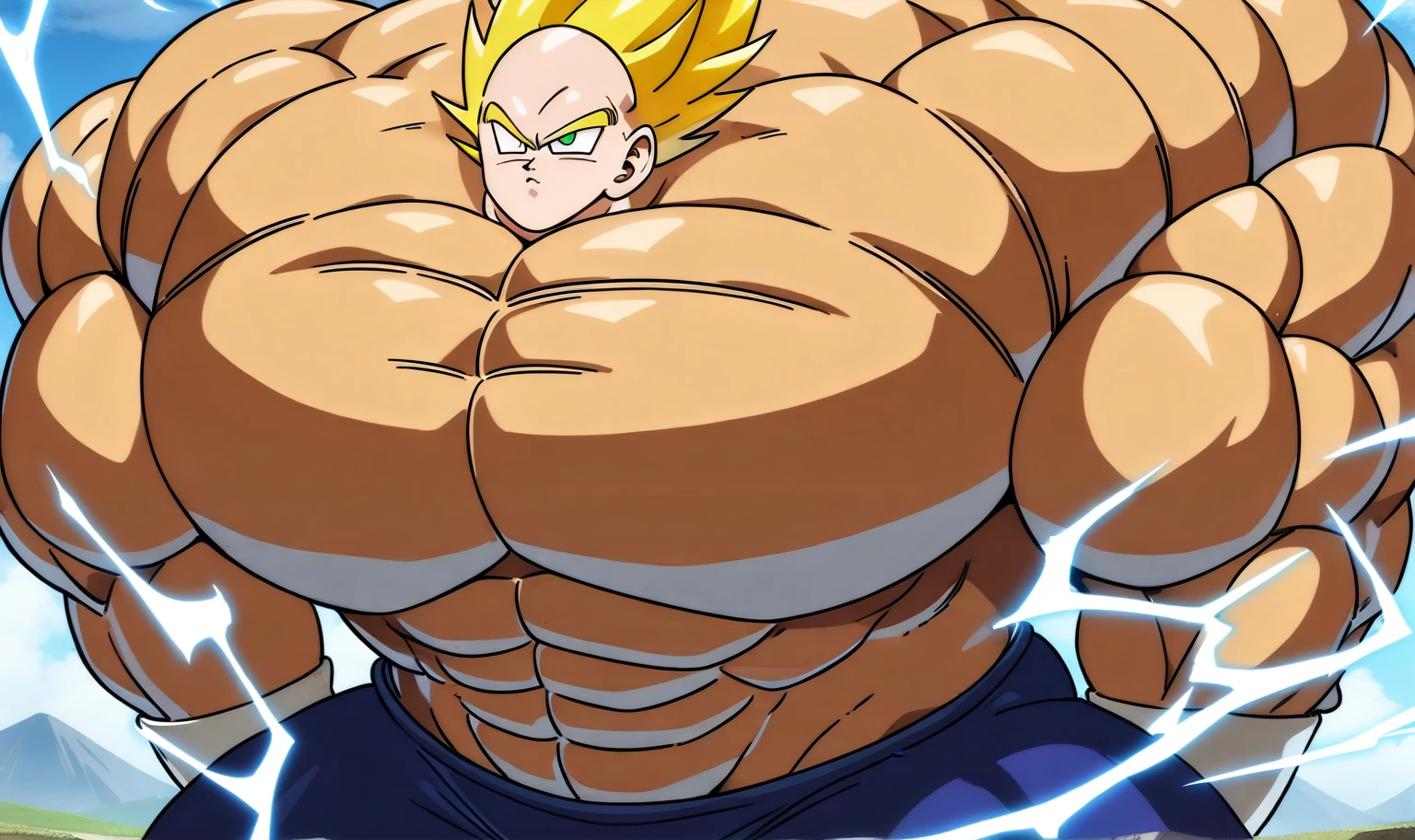 1boy, Vegeta, from Dragon Ball Z, masterpiece, best quality, very aesthetic, absurdres, saiyan, green eyes, spiked hair, (yellow hair:2), shirtless, blue skintight pants, white gloves, (huge muscles:2.5), dragonballartstyle, in the style of Akira Toriyama, outdoors, flat-top mountains, abs, yellow aura, electricity, (small head:2)