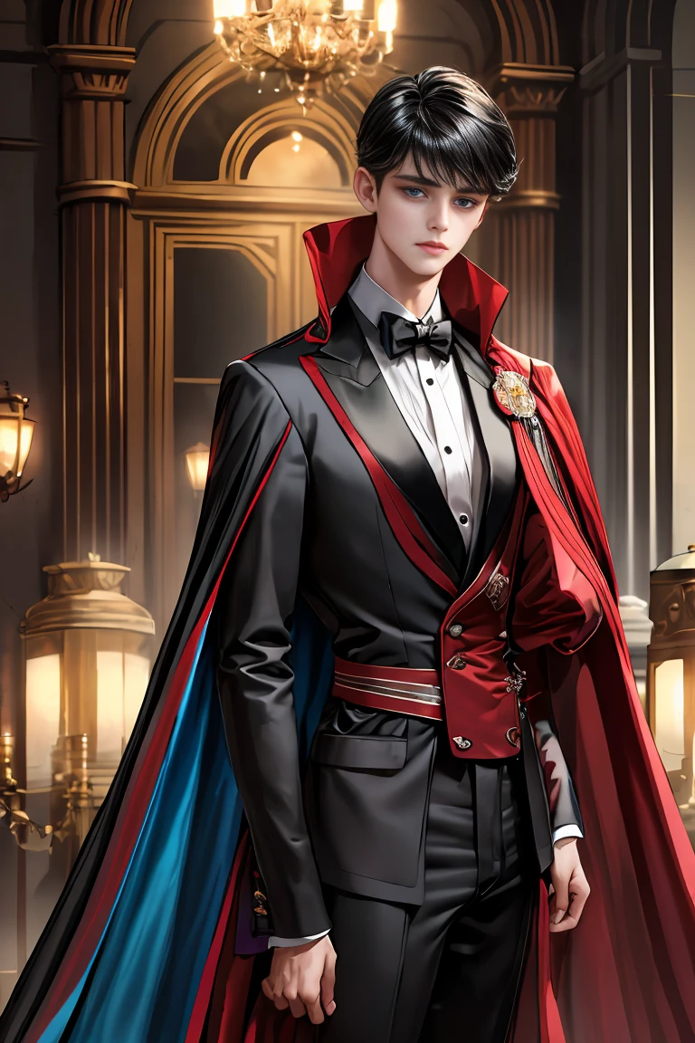 
masterpiece, 最high quality, high quality, 1 boy, alone, Male focus, Watching the audience,  Messy black hair, Adorable big blue eyes, White people, Noble, Noble,Sexy voluminous black and red cape、Tuxedo、A very voluminous, large, very large, very large, long, long red and black cape with a high stand-up collar, reaching down to the floor, made of a lot of fabric., ,Cute beautiful boys,Cute, cute, kind, handsome guy