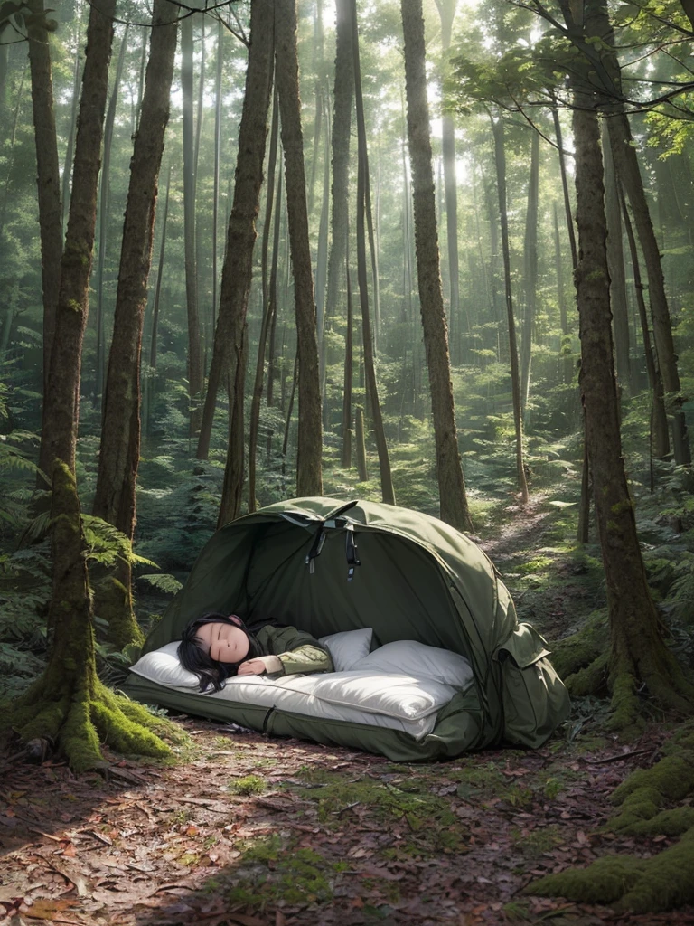 (((Masterpiece))), (high quality), one Japanese boy, 18 years old,(tall and thin,sleepy droopy eyes, long face, (thin cheeks:1.2),(black shaggy short hair,blank expression,smile:1.5),(khaki outdoor jacket,Olive cargo pants,Black trekking shoes,Black Rucksack,Full body portrait:1.5),(The background is the forest:1.5),(Collapsed in the woods,Lying on the ground, sleeping in the forest:1.5)