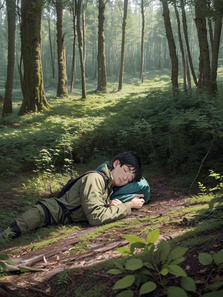 (((Masterpiece))), (high quality), one Japanese boy, 18 years old,(tall and thin,sleepy droopy eyes, long face, (thin cheeks:1.2),(black shaggy short hair,blank expression,smile:1.5),(khaki outdoor jacket,Olive cargo pants,Black trekking shoes,Black Rucksack,Full body portrait:1.5),(The background is the forest:1.5),(Collapsed in the woods,Lying on the ground, sleeping in the forest:1.5)