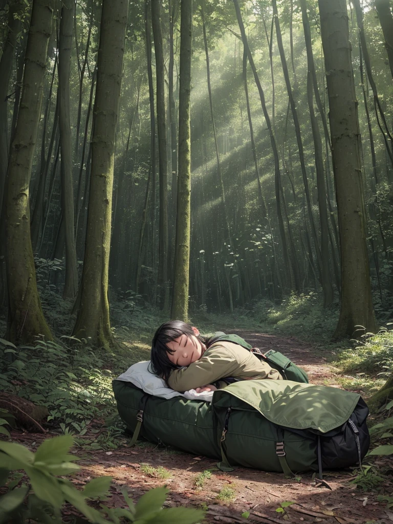 (((Masterpiece))), (high quality), one Japanese boy, 18 years old,(tall and thin,sleepy droopy eyes, long face, (thin cheeks:1.2),(black shaggy short hair,blank expression,smile:1.5),(khaki outdoor jacket,Olive cargo pants,Black trekking shoes,Black Rucksack,Full body portrait:1.5),(The background is the forest:1.5),(Collapsed in the woods,Lying on the ground, sleeping in the forest:1.5)