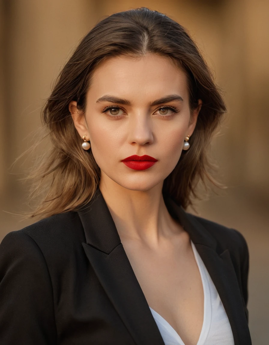 color digital photograph of Lucie Prochazka a woman from czech republic wearing (a black blazer), (a white t-shirt), (black skinny jeans), (black ankle boots), (pearl earrings), (red lipstick), and Slingbacks shoes shot on Nikon Z9 by Denis Karasev, 26 years old, slavic woman, pale skin, (long hair), tiny figure, small breasts, feeling (feeling Hate, Intense, Hostile, Aversion, Anger, Resentment, Disgust, Animosity, Hostility, Loathing, Malice, face: Scowl, Frown, Glare, Narrowed Eyes, Sneer, Lip Curl, Tense Jaw, Raised Eyebrows, Cold Stare, Contempt), at golden hour,full body, masterpiece, natural lighting, (outdoor setting:1.2), warm tones, side lighting, natural skin details, 4k, UHD, masterpiece, detailed eyes, detailed face, detailed skin, perfect hands, perfect feets, photo, high skin detail, moles, imperfect skin, ultra realism, RAW photo, subsurface scattering