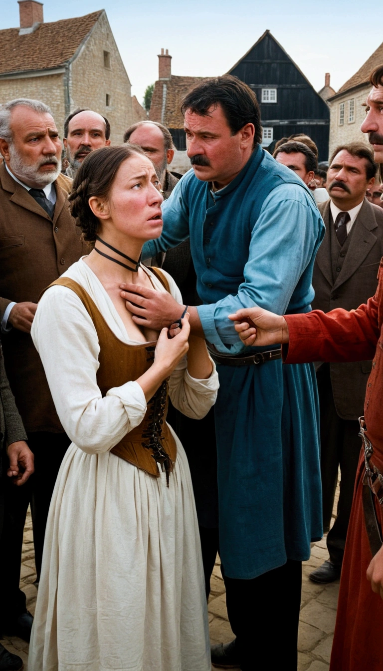 Image is a public scene where a woman is being fitted with the Scold's Bridle by a town official. The woman, looking distressed, is surrounded by onlookers. The setting is a village square. The lighting is bright, emphasizing the public nature of the punishment.