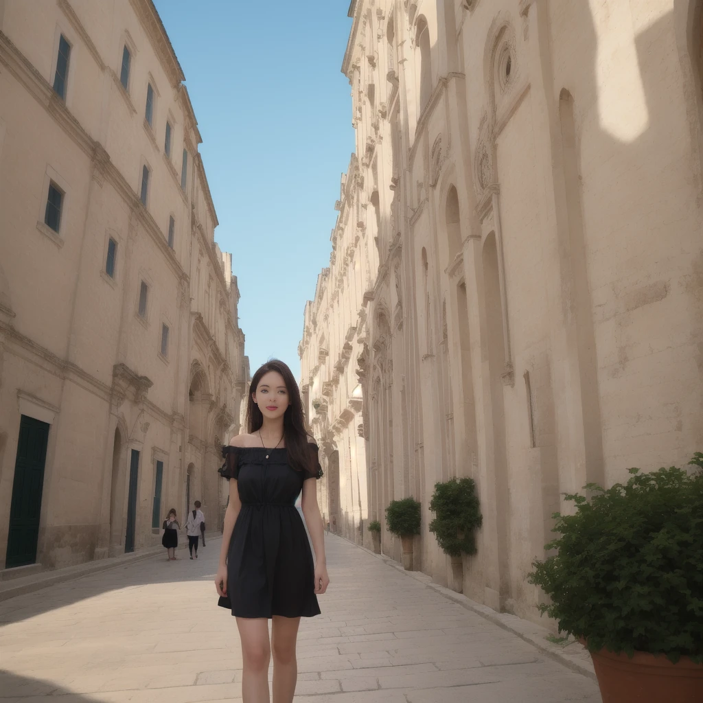 a woman wearing a black dress, in front of the Cathedral of Matera