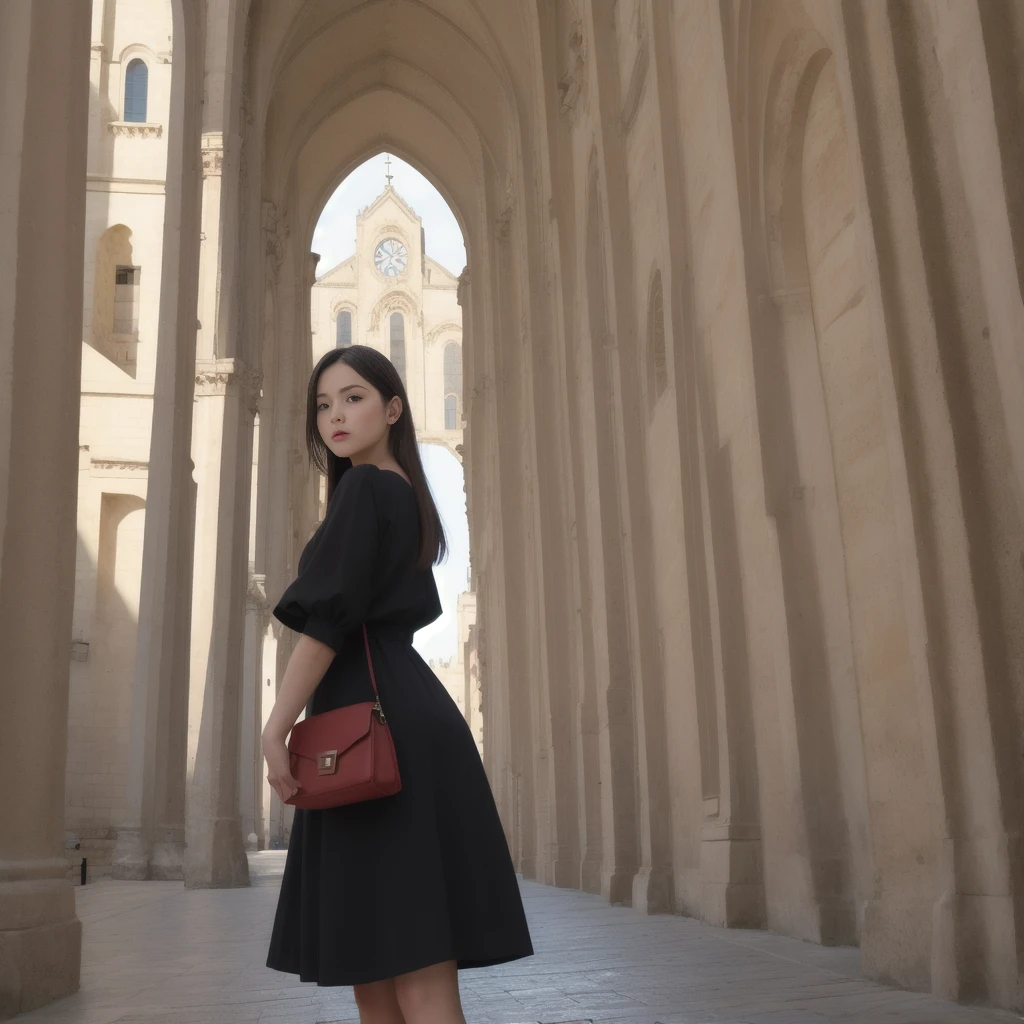 a woman wearing a black dress, in front of the Cathedral of Matera