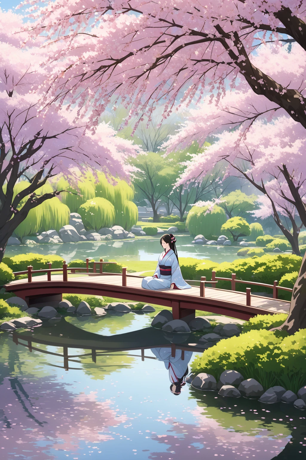 A Japanese woman in traditional kimono sits by a pond in a tranquil Japanese garden. The background includes cherry blossom trees and weeping willows under the eaves. She holds a folding fan, with the breeze gently blowing her long hair, exuding serenity and elegance. The composition uses a medium shot to highlight the woman's elegance and tranquility, with the cherry blossoms and willows adding natural beauty.