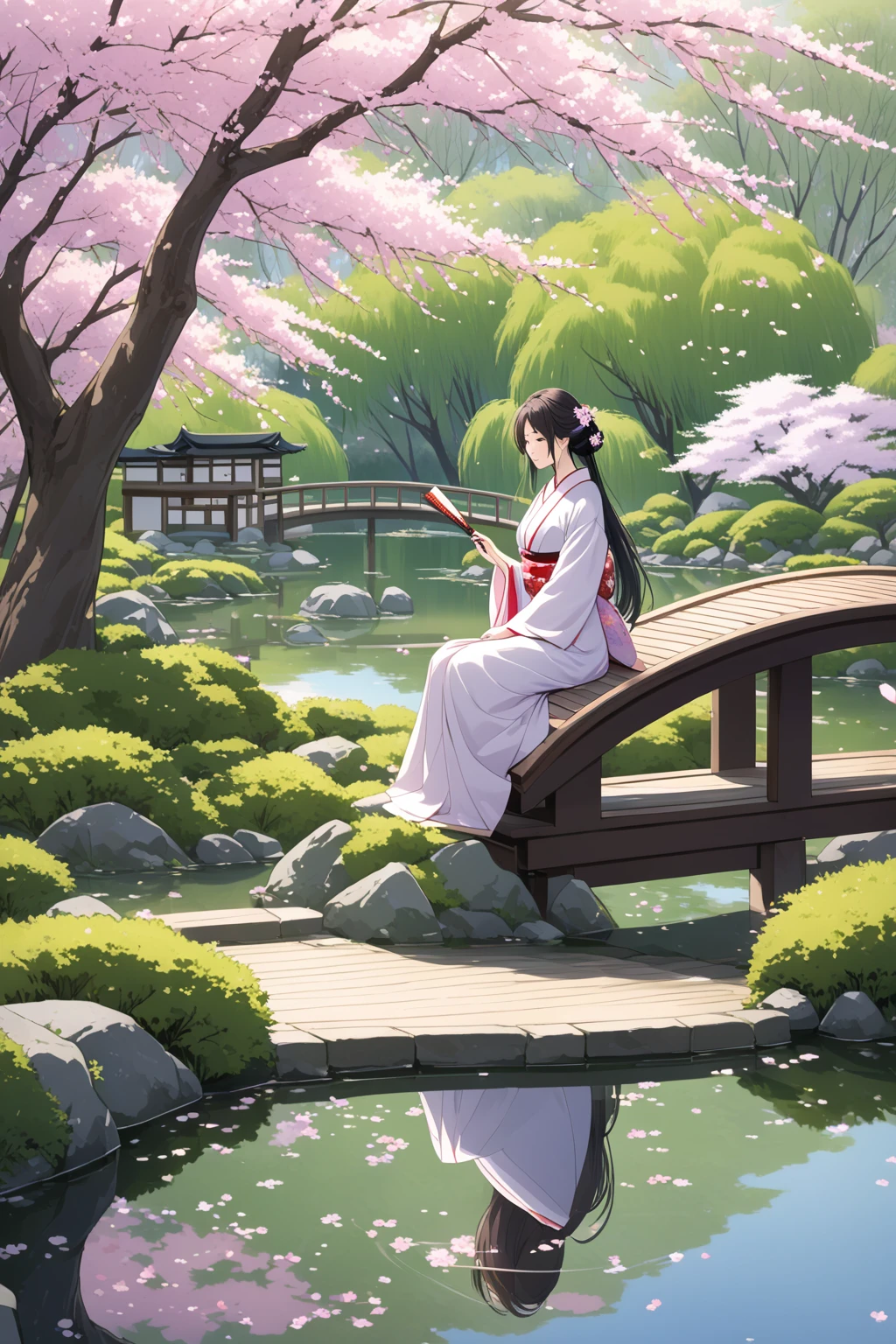 A Japanese woman in traditional kimono sits by a pond in a tranquil Japanese garden. The background includes cherry blossom trees and weeping willows under the eaves. She holds a folding fan, with the breeze gently blowing her long hair, exuding serenity and elegance. The composition uses a medium shot to highlight the woman's elegance and tranquility, with the cherry blossoms and willows adding natural beauty.