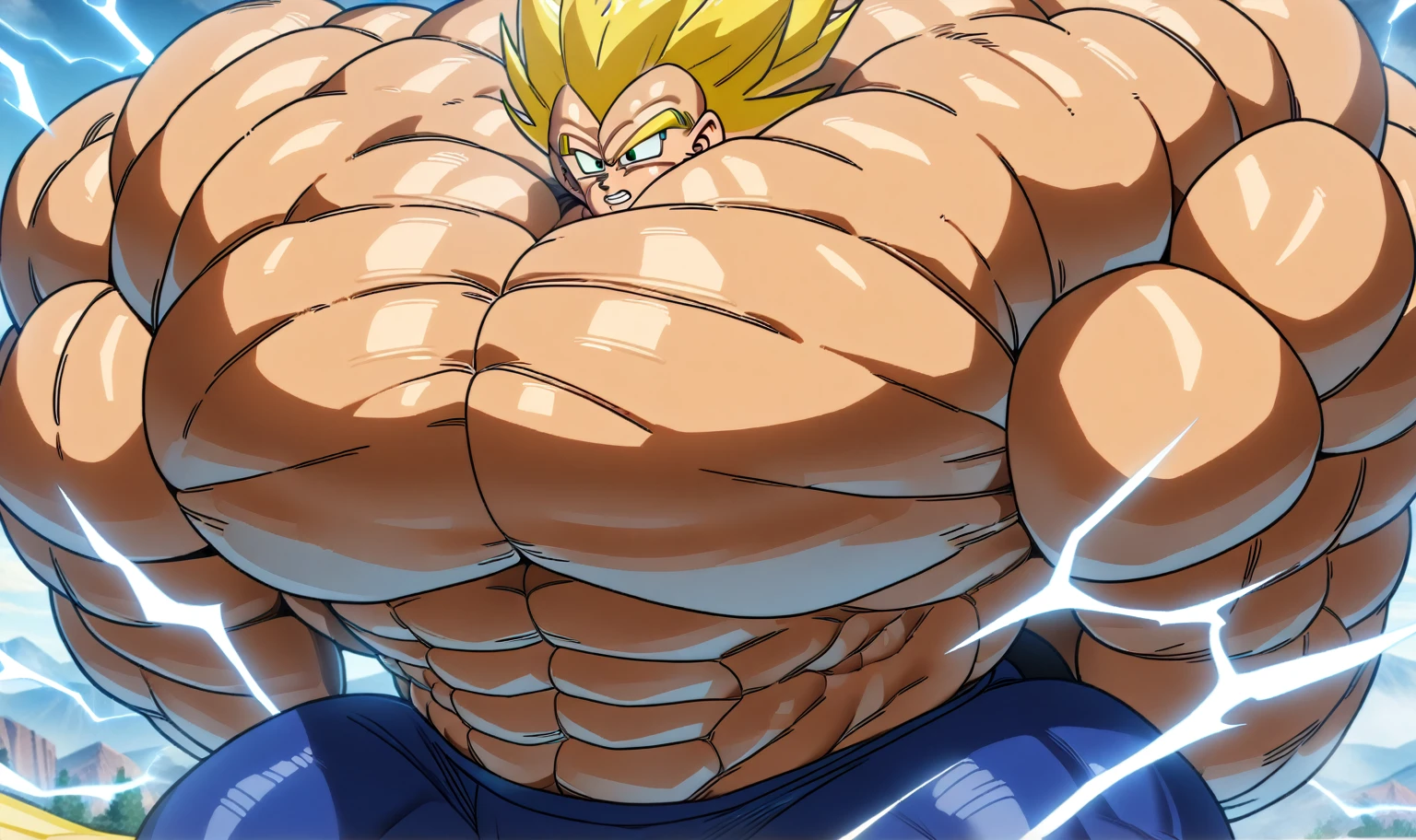 1boy, Vegeta, from Dragon Ball Z, masterpiece, best quality, very aesthetic, absurdres, saiyan, green eyes, spiked hair, (yellow hair:2), shirtless, blue skintight pants, white gloves, (huge muscles:3.5), dragonballartstyle, in the style of Akira Toriyama, outdoors, flat-top mountains, abs, yellow aura, electricity