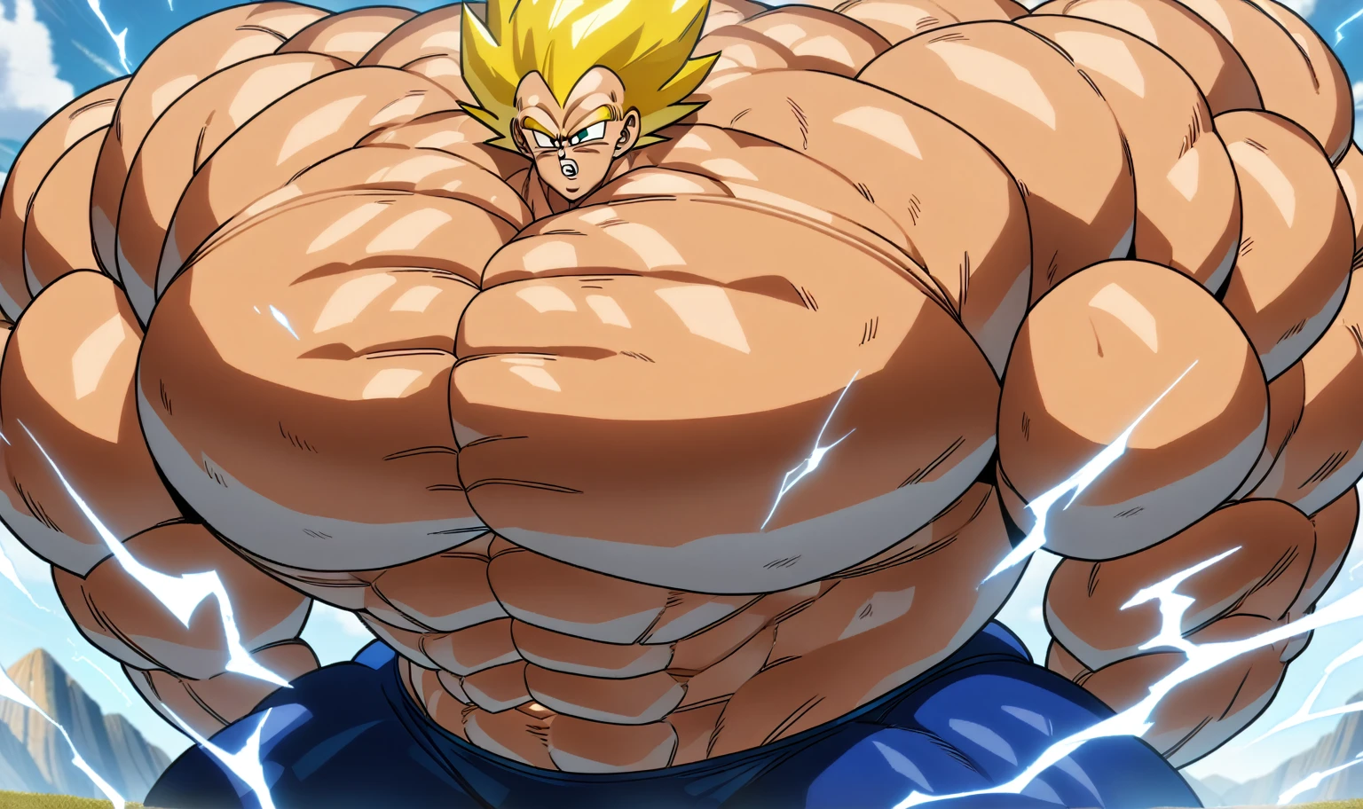 1boy, Vegeta, from Dragon Ball Z, masterpiece, best quality, very aesthetic, absurdres, saiyan, green eyes, spiked hair, (yellow hair:2), shirtless, blue skintight pants, white gloves, (huge muscles:3.5), dragonballartstyle, in the style of Akira Toriyama, outdoors, flat-top mountains, abs, yellow aura, electricity