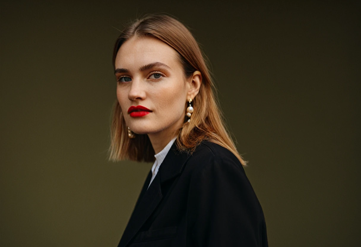 color digital photograph of Lucie Prochazka a woman from czech republic wearing (a black blazer), (a white t-shirt), (black skinny jeans), (black ankle boots), (pearl earrings), (red lipstick), and Slingbacks shoes shot on Nikon Z9 by Denis Karasev, 26 years old, slavic woman, pale skin, (long hair), tiny figure, small breasts, feeling (feeling Hate, Intense, Hostile, Aversion, Anger, Resentment, Disgust, Animosity, Hostility, Loathing, Malice, face: Scowl, Frown, Glare, Narrowed Eyes, Sneer, Lip Curl, Tense Jaw, Raised Eyebrows, Cold Stare, Contempt), at golden hour,full body, masterpiece, natural lighting, (outdoor setting:1.2), warm tones, side lighting, natural skin details, 4k, UHD, masterpiece, detailed eyes, detailed face, detailed skin, perfect hands, perfect feets, photo, high skin detail, moles, imperfect skin, ultra realism, RAW photo, subsurface scattering