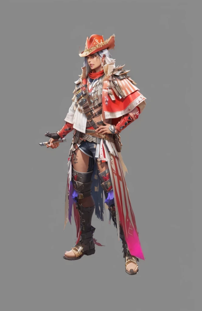 Wear a costume、Wear a hat、Close-up of a man holding a sword, Cowboy themed clothing, loba andrade from apex legends, Whole body concept, Layered clothing, JRPG Aztec street fashion, Male Characters, Clear clothing design, detailed Whole body concept, 穿着Cowboy themed clothing, game character