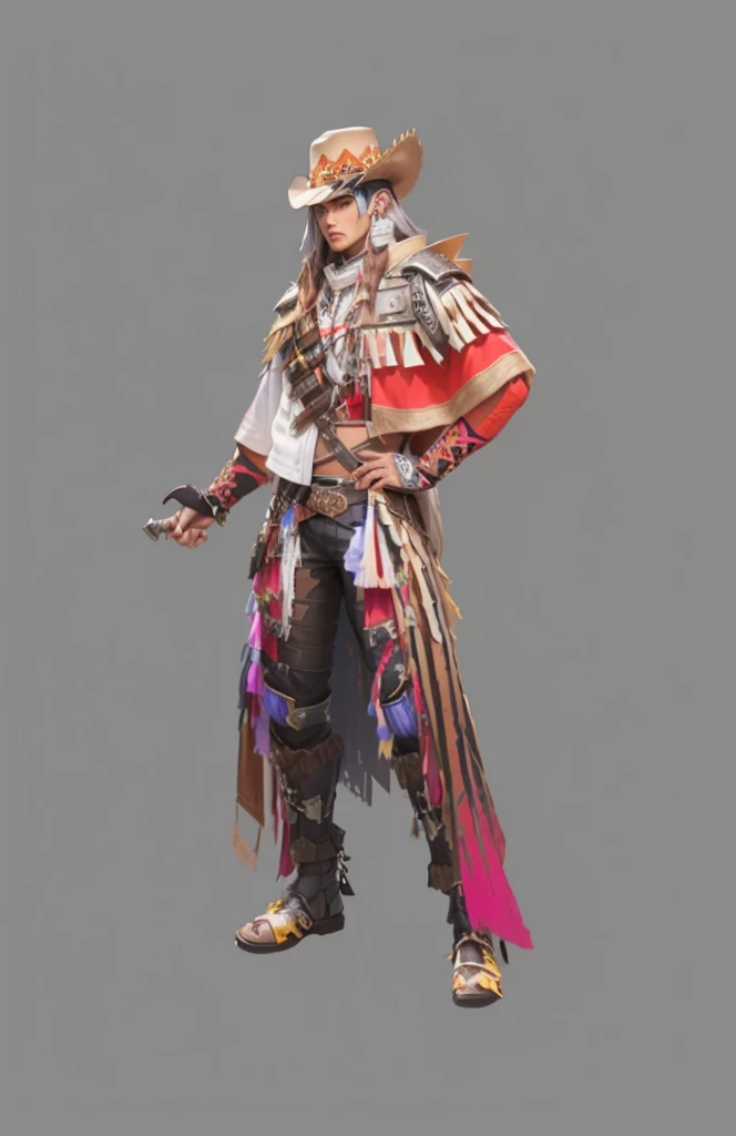 Wear a costume、Wear a hat、Close-up of a man holding a sword, Cowboy themed clothing, loba andrade from apex legends, Whole body concept, Layered clothing, JRPG Aztec street fashion, Male Characters, Clear clothing design, detailed Whole body concept, 穿着Cowboy themed clothing, game character