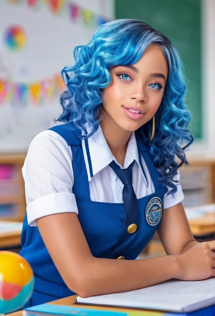 Beautiful biracial woman , extremely detailed full body, blue eyes, blue hair, wear  uniform, lick candy pop, in classroom