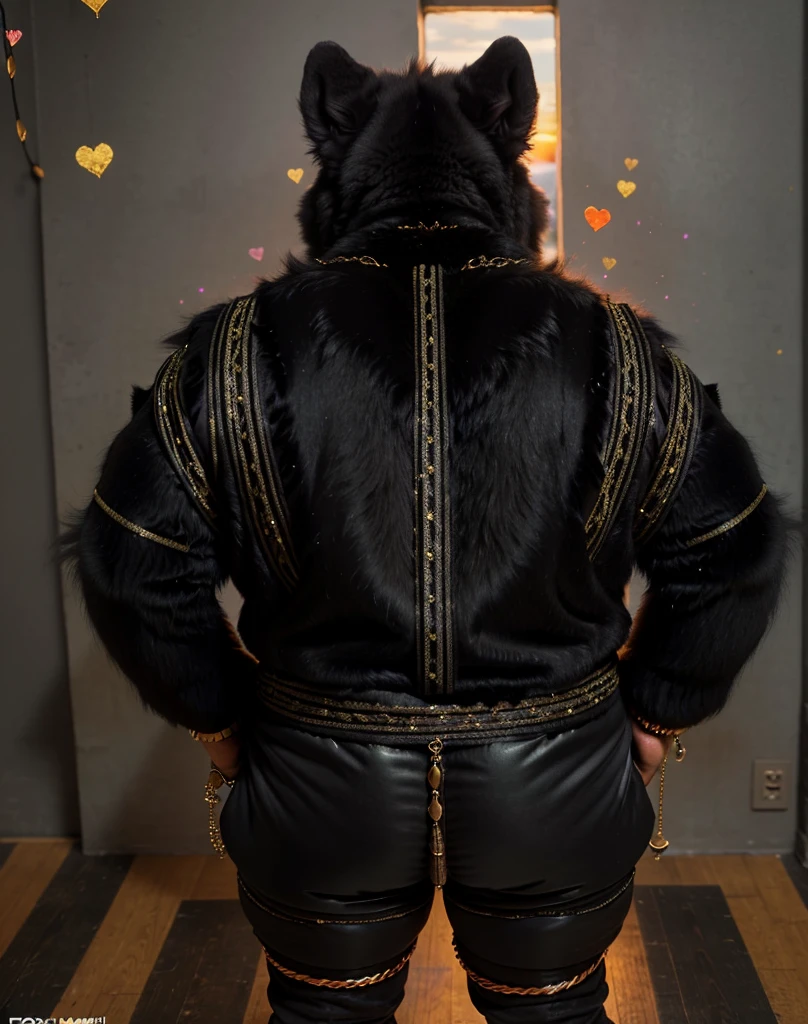 [🏃🏿‍♀️👩‍❤️‍💋‍👩], (absurd res), ((ultra high resolution)), (((beautiful quality))), (isometric view), (breathtaking painstakingly detailed background), (impressive lighting), (sunset clouds), (floating hearts), ((sparkles)), confetti, sunlight, ⫷|⫸ by foxovh, by sligarthetiger, by bread, by gammainks, by seibear, by lollipopcon, by dizzyknight, by greasymojo, by xpray, by roly, by personalami, by honovy, by thebigslick, by taran fiddler, by kenket, ⫷|⫸ jewelry, necklace, bracelet, colorful accessories, ear accessory, arm accessory, neck accessory, (leg accessory), ⫷|⫸ (fuzzy furry body:1.6), (detailed face), (tall body), tall ears, fur pattern, (raised tail), [slightly chubby anthro], (matle:1.5), (dark black fur:1.7), (a black tiger), professional photoshoot, (laced clothing:1.6), (presenting hindquarters), huge ass, , bomless, mostly naked,