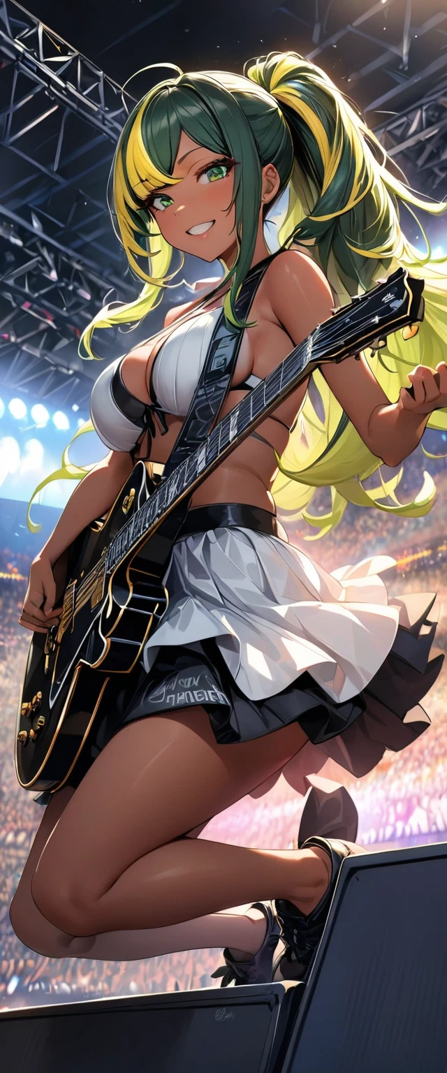 (highest quality:1.2, Very detailed, up to date, Vibrant, Ultra-high resolution, High Contrast, masterpiece:1.2, highest quality, Best aesthetics), Portraiture、girl、singer、stage、performance、Rock Music、Bright colors、Beautiful fine details、Beautiful lip detail、long hair、ponytail, white and yellow green ((streaked hair:1.6)), highlights hair: 1.5, middium breast, (tan skin:1.1), Music band、Cheerful pose、Concert Light、Edgy Style、Skirt-style-bikini、loose fit, Dynamic Movement、hypnotic sounds、Stadium、amplifier、Loud music、Electric guiter、Gibson Les-Paul, mike stand, Powerful vocals、Passionate performance、Sparkling stage、Concert atmosphere、Music Festival、Full of emotion、Rock star attitude、Resolute expression、Avid Fan、The presence of an attractive stage、 Expressive gestures、Rock star aura、An exciting atmosphere、Sing with all your heart、An unforgettable show, (full body:1.5)