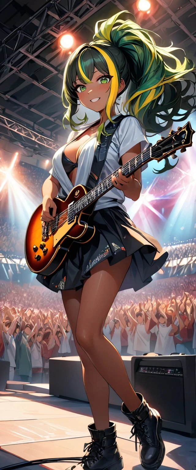 (highest quality:1.2, Very detailed, up to date, Vibrant, Ultra-high resolution, High Contrast, masterpiece:1.2, highest quality, Best aesthetics), Portraiture、girl、singer、stage、performance、Rock Music、Bright colors、Beautiful fine details、Beautiful lip detail、long hair、ponytail, white and yellow green ((streaked hair:1.6)), highlights hair: 1.5, middium breast, (tan skin:1.1), Music band、Cheerful pose、Concert Light、Edgy Style、Skirt-style-bikini、loose fit, Dynamic Movement、hypnotic sounds、Stadium、amplifier、Loud music、Electric guiter、Gibson Les-Paul, mike stand, Powerful vocals、Passionate performance、Sparkling stage、Concert atmosphere、Music Festival、Full of emotion、Rock star attitude、Resolute expression、Avid Fan、The presence of an attractive stage、 Expressive gestures、Rock star aura、An exciting atmosphere、Sing with all your heart、An unforgettable show, (full body:1.5)