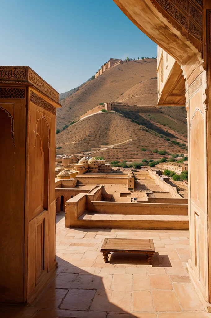 Amer fort jaipur panaramic view in 1700 century hyper realistic, high quality, location, 