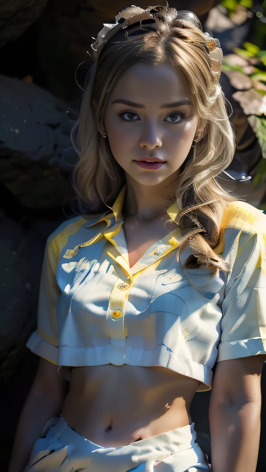 (Surreal), (picture), (High resolution), (In 8K), (Very detailed), (Best Illustration Photos), (Beautiful and fine details), (Highest quality), (Ultra-detailed), (masterpiece), (wallpaper), (Detailed face), solo, One Girl, Blonde Wavy Hair, Korean Beauty,Black Eyes, ((A loose-fitting blue and yellow checked maid outfit)), Long legs, Toned Abs, stockings、((In a dark cave))、(Pause_random)、(Upper body portrait)