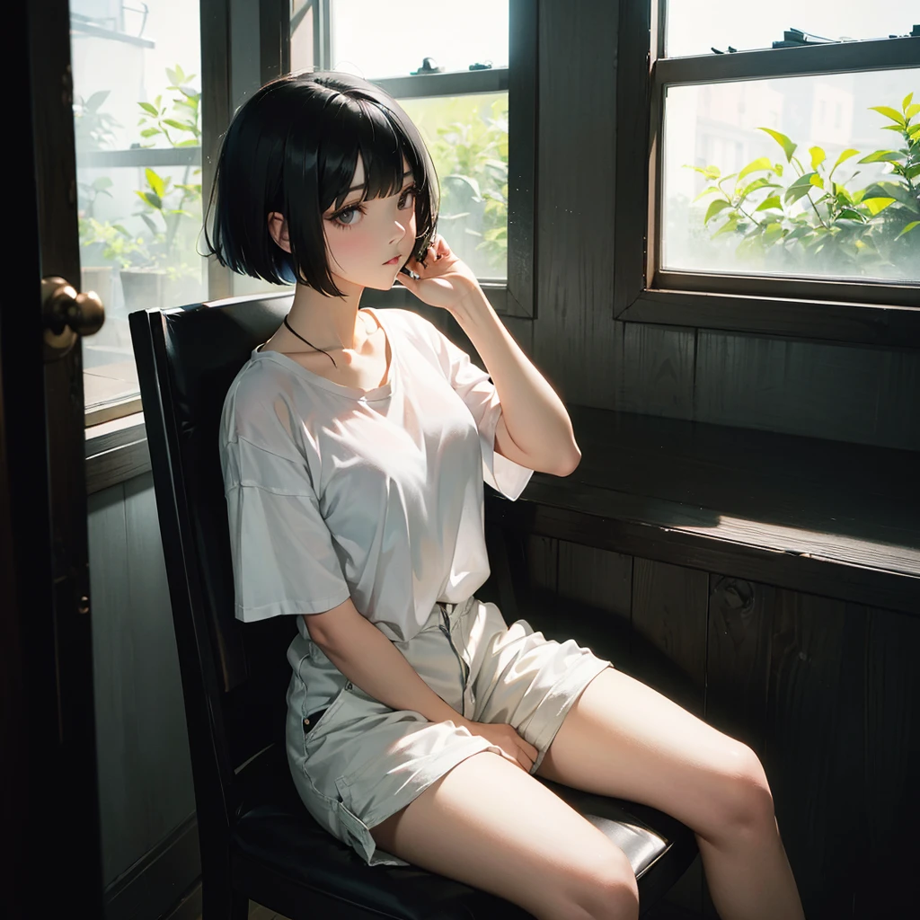 ( Highest quality, Ultra-high resolution)、girl、Black Hair、Bob Hair、melancholy、Staring out the window、A simple white T-shirt with a loose fit around the neck、Shorts、Near large windows、indoor、Sit sloppily、Outside the window it's bright, blue sky、The room is dark、Erect nipples showing through、nsfw