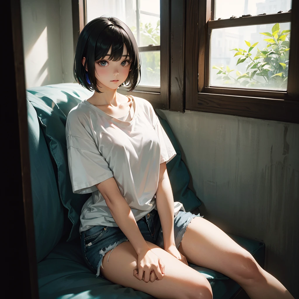 ( Highest quality, Ultra-high resolution)、girl、Black Hair、Bob Hair、melancholy、Staring out the window、A simple white T-shirt with a loose fit around the neck、Shorts、Near large windows、indoor、Sit sloppily、Outside the window it's bright, blue sky、The room is dark、Erect nipples showing through、nsfw