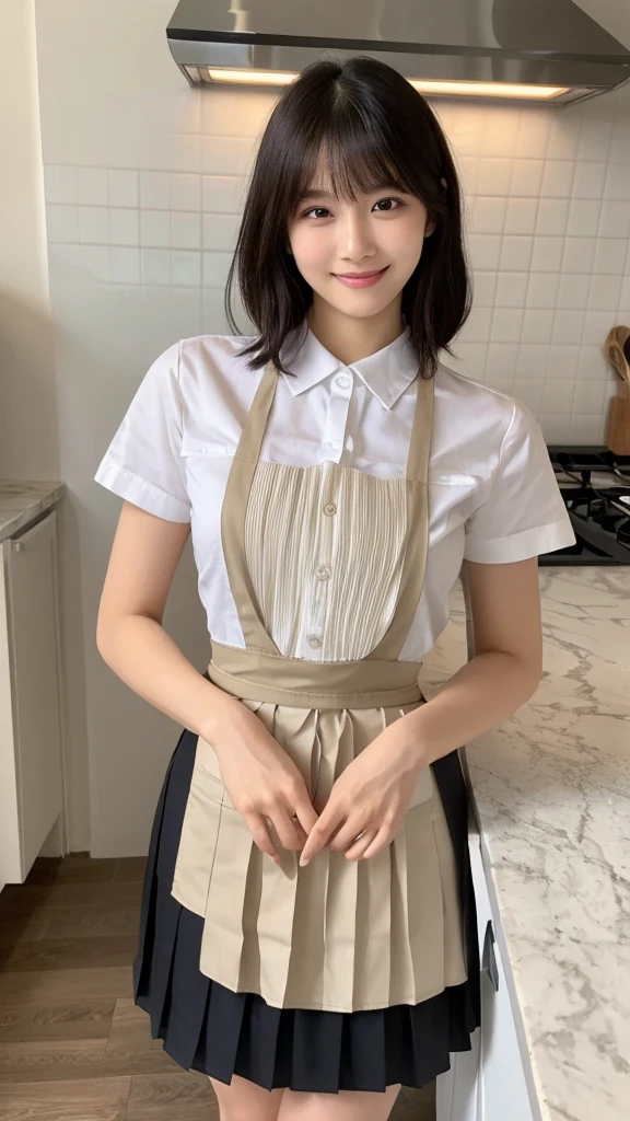 (Highest quality: 1.5), (Realistic: 1.5), (1 person: 1.5), Very detailed, High resolution, 8k,Natural color lips, Cute Smile, Japanese women, 20-year-old girl, Beautiful and elegant features, Perfect and beautiful face, Balanced big eyes, Beautiful and elegant features, Natural double eyelids, Natural Bangs, Beautiful thin nose, Beautiful Skin, Medium Bob Hair , Natural Bangs , Perfect and beautiful face, Slim face and figure,  (Sweet smile), Bright lighting, Professional Lighting, Forward lighting, Beautiful feet: 1.2, Smooth Skin, Slender body, Slim waistline, slim thin thighs,  Cleavage, Detailed clothing, (Short sleeve dress shirt:1.5), (Pleated skirt:1.5),  (apron:1.5),  Standing posture, kitchen, Cooking, apron姿