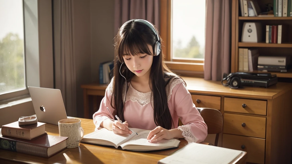 Ghibli-style image, very pretty and innocent female college student, long black hair, sitting at desk, listening to music with earphones, holding pencil in right hand, left hand resting on chin, studying, midnight, soft stand lighting, generally dark background, Cute props, a window with a view of the stars, curtains, a pink pajama with cute lace that slightly exposes the shoulders, a kitten sleeping on a very pretty bed, a steaming coffee cup next to the desk, please create an image.