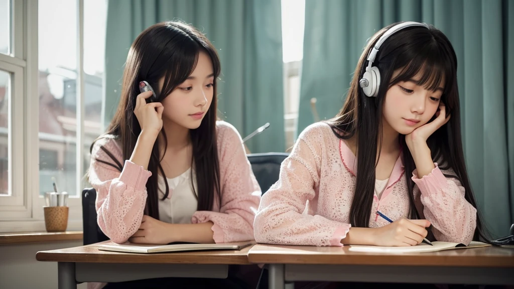 Ghibli-style image, very pretty and innocent female college student, long black hair, sitting at desk, listening to music with earphones, holding pencil in right hand, left hand resting on chin, studying, midnight, soft stand lighting, generally dark background, Cute props, a window with a view of the stars, curtains, a pink pajama with cute lace that slightly exposes the shoulders, a kitten sleeping on a very pretty bed, a steaming coffee cup next to the desk, please create an image.
