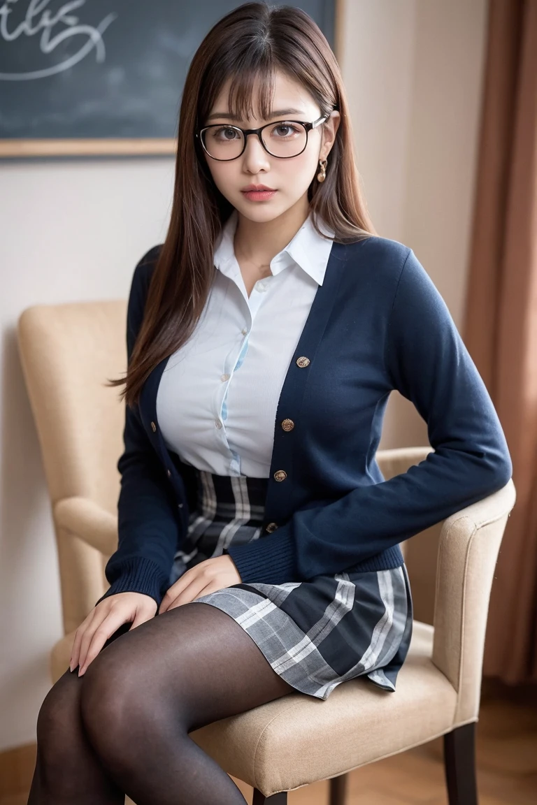 (((8k、High resolution、Highest quality、High resolution)))alone、Natural body shape、White skin、Natural Makeup、((Black Hair、bangs、Straight Long Hair))、(((Glasses)))、、(Sit cross-legged in a chair:1.6)、(())、(((((Full body photo)))))、(((Looking into the camera)))、(((Wear a uniform on the upper body)))、Bedroom、(((Of high school))) 、((white collared long sleeve blouse))、((Beige cardigan))、((Pleated skirt with dark blue plaid pattern、mini skirt、Ultra-realistic pantyhose))、、、Expressionless、((Exposing thighs))