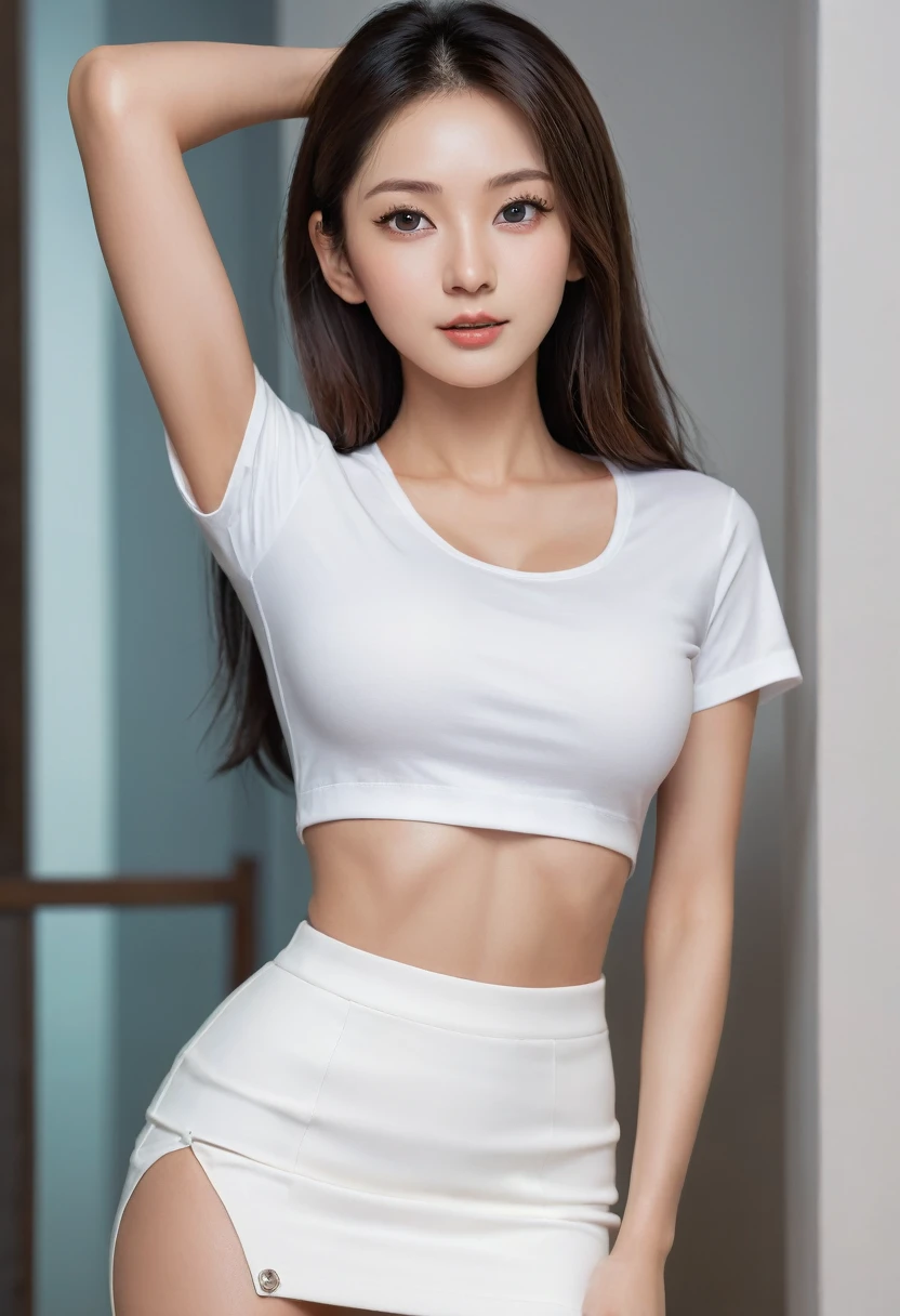 ((mid night, top-quality, 8k, masterpiece:1.3)), full bodyesbian, long legged, (sharp focus:1.2), (Beautiful woman with perfect body shape:1.4),(Slender Abs:1.1), ((dark brown hair, huge tit:1.2)), (white tight t-shirt, Tight skinny Ultra short skirt is standing:1.2), Highly detailed facial and skin texture, A detailed eye, double eyelid