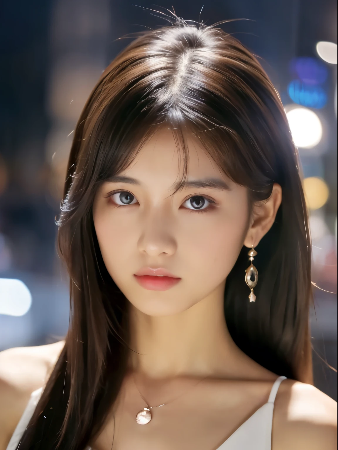 (8k, Top quality, Masterpiece:1.2), (Realistic, photo-realistic:1.37), Super detailed, perfect anatomy, cute, small eyes, high slit dress, 18-years old, a Japanese, girl, at night, earrings, pendant,