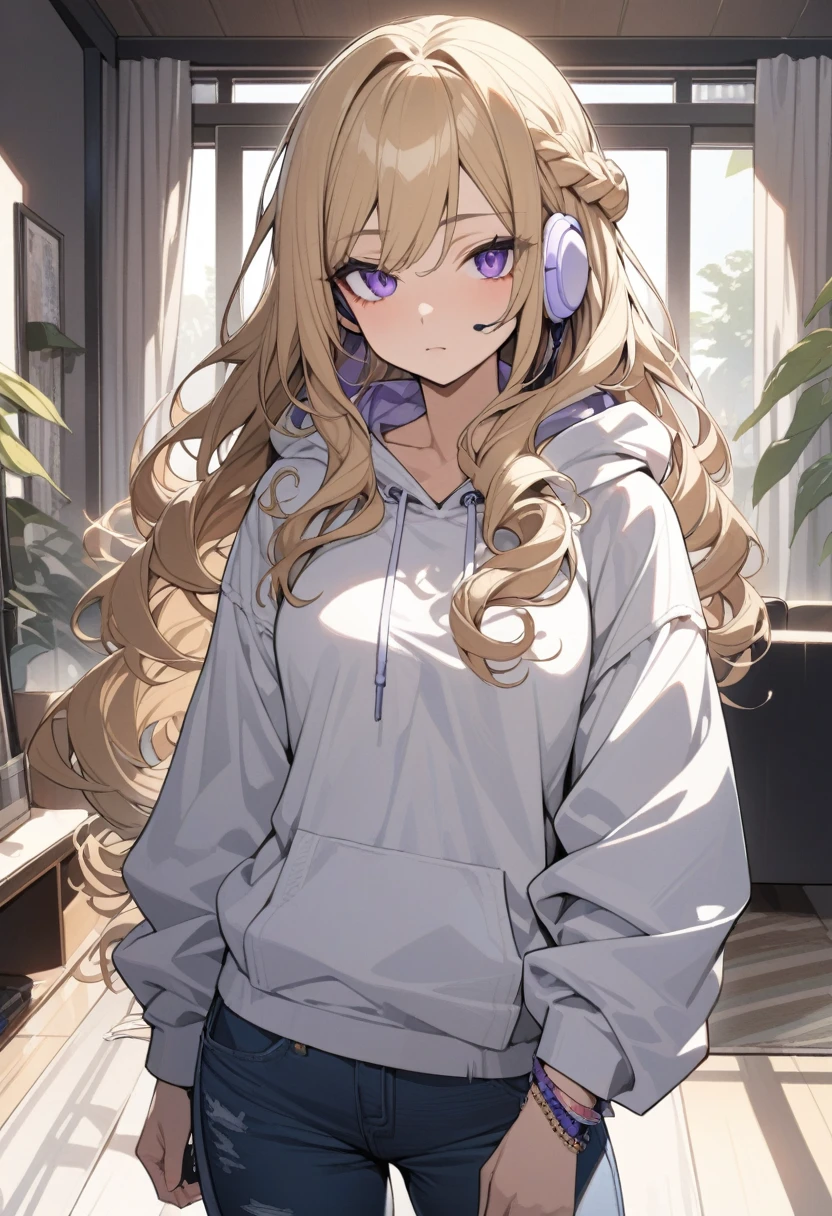 masterpiece, best quality, extremely detailed, ultra detailed, flat anime, 2D, 1girl, (young adult:1.2),blonde hair, (semi-long hair:1.2), curly hair, french braid, medium breasts, tsurime, purple eyes, height 1.7meters, white hooded sweatshirt, jeans, earring,bracelet, long sleeves, ((earphone)), ((jitome)), portrait, upper body, looking at viewer, facing viewer, summer, livingroom, 12AM., standing