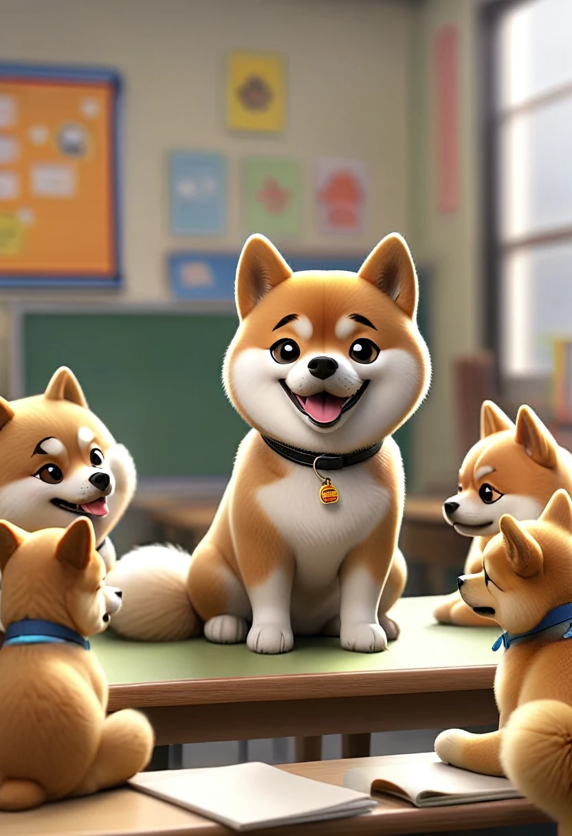 In a classroom, Shiba Inu Shiba is sitting on all fours at a desk with his new friends, including the Pomeranian Pome and other dogs. The atmosphere is harmonious, with all dogs in natural postures, smiling and interacting positively. Shiba and his former bullies are now getting along, sharing a project together.