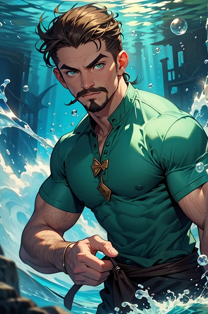 Underwater man with short brown hair pulled back, green eyes and a hooked nose. He looks relaxed, his eyebrows are at ease. He has a 3 a short mustache and goatee. He is wielding waterbending magic. The suroundings is dark blue sea waters, bubbles.