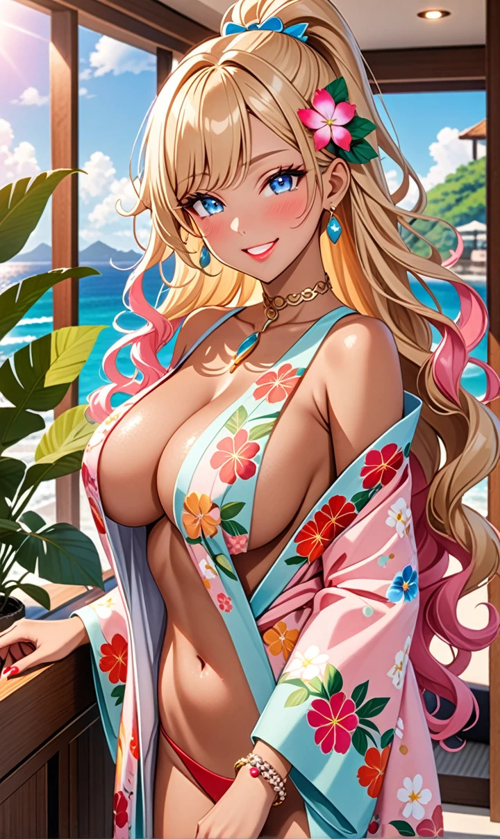 ultra-detailed, ((one girl)), ((tan skin:1.3)), in pastel colors gyaru, (heavy makeup), hyper detailed, absurdres, 8k, Beautiful Face, ((cheerful Smile:1.3)), ((teasing smile:1.2)), ((sweat)), ((Wink:1.5)), (Laugh with your mouth wide open),((Tilt your face:1.6)), (professional lighting), View your viewers, ((Bright red cheeks:1.6)),Glossy Red Lips, ((huge breasts:1.3)), ((undressing:1.2)),((Touching the chest)), pink nipple, noon, summer, Luxury hotel with sea view, Foliage plant, ((Anime style background)),masterpiece, Highest quality, so beautiful,Latest, Complex details, ((Long neon pink nails)), (nail art), (ring),(bracelet), (Floral Choker),AI-generated, Complex,High resolution, Highest quality, super high quality,3D Images、3D Images,One person,Blonde long hair,(High Ponytail), (wavy hair:1.3), Blonde anime woman posing for a photo, ((Fine grain、blue eyes、glowing eyes:1.3)), (Squint your eyes:1.1),a hyperRealistic , hyperRealistic , Realistic,Anime woman with long pastel yellow hair, Smooth anime CG art, A girl in a gorgeous pastel-colored kimono, ((Pastel-colored furisode)),(Pink large floral pattern), (side boob), Long flower hair ornament,big hoop earrings, Mature Body, tall,Narrow waist, ((arched back:1.2)), (upper body),