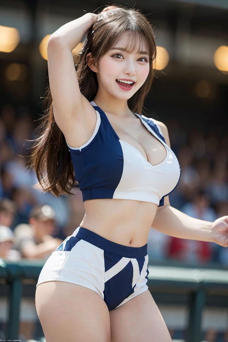 Baseball Stadium Cheerleaders, Highest quality, shape, Very detailed, In detail, High resolution, 8k wallpaper, Perfect dynamic composition, Beautiful details, Natural Lip, Cute cheerleader uniform, ,Cleavage,, aughing and dancing with random expressions..., A masterpiece of the whole body, Side shot