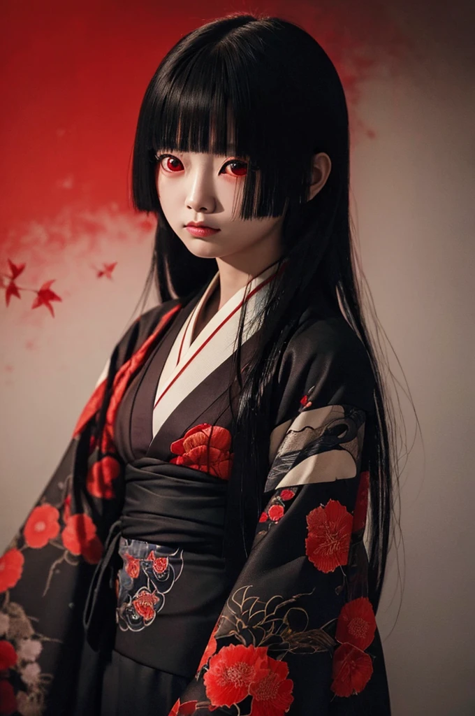 Highest quality、Masterpiece、Highest detail、Japanese Yokai、A lone hell girl floating in the darkness、Bob-haired beautiful girl、Vermilion eyeliner、A simple thin kimono with a red ruffled chest、Glare、Feeling fear、Dense foggy black background、Multiple exposure dense fog