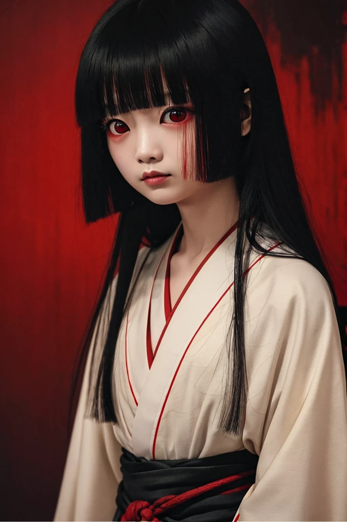 Highest quality、Masterpiece、Highest detail、Japanese Yokai、A lone hell girl floating in the darkness、Bob-haired beautiful girl、Vermilion eyeliner、A simple thin kimono with a red ruffled chest、Glare、Feeling fear、Dense foggy black background、Multiple exposure dense fog